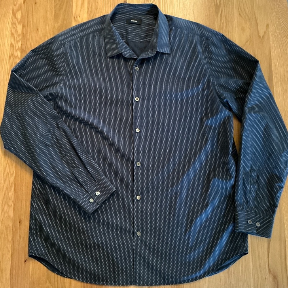 Theory Murray Shirt Mens XXL Navy Micro Dot Button Down Slim Fit Cotton‎